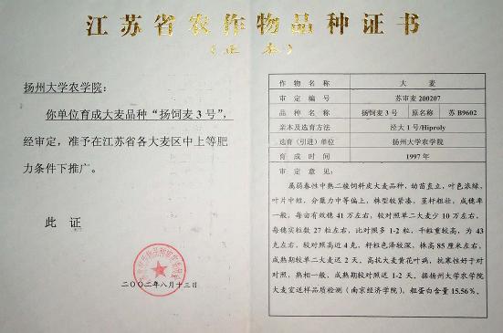 飼、食兼用大麥品種——揚飼麥3號 國家保護授權品種轉讓與技術推廣